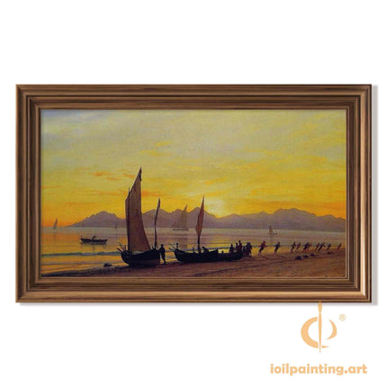 "William Turner's 'Sunset Harbor Serenity' - Hand-Painted Romantic Era Oil Painting Reproduction"