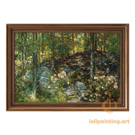 "Childe Hassam's 'Forest Landscape' Oil Painting Reproduction - Sunlit Woodland Path with Wildflowers"