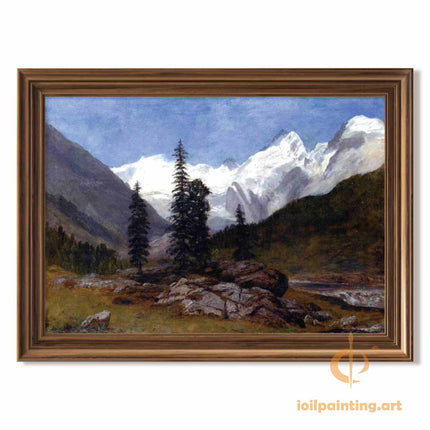 "Albert Bierstadt's 'Alpine Majesty' - Hand-Painted Mountain Landscape Oil Painting Reproduction"