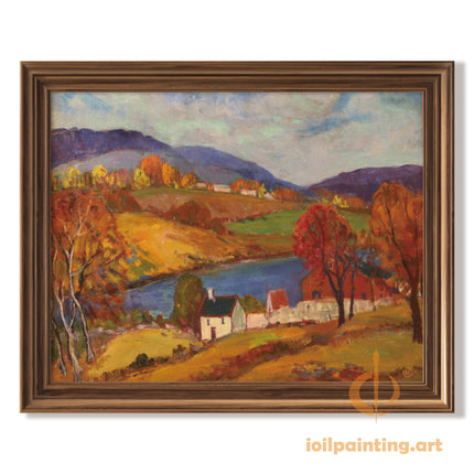"Autumn Village by the River - Premium Hand-Painted Oil Reproduction on Canvas"
