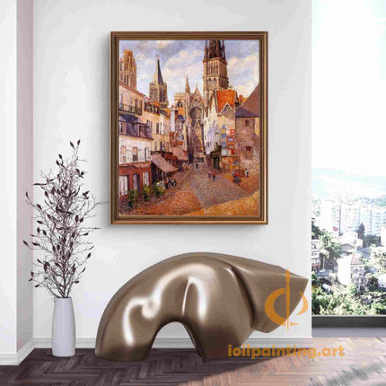 "Camille Pissarro's 'Vibrant Village Square with Gothic Church' - Hand-Painted Oil Painting Reproduction"