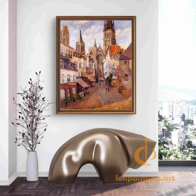 "Camille Pissarro's 'Vibrant Village Square with Gothic Church' - Hand-Painted Oil Painting Reproduction"