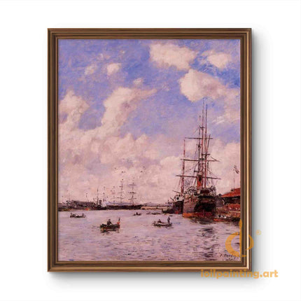 "Eugène Boudin's 'Harbor Serenity with Tall Ships' - Hand-Painted Oil Painting Reproduction"