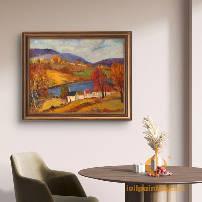 "Autumn Village by the River - Premium Hand-Painted Oil Reproduction on Canvas"