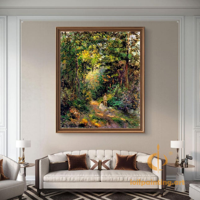 "Camille Pissarro's 'Sunlit Forest Path' - Hand-Painted Impressionist Oil Painting Reproduction"
