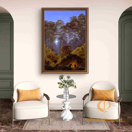 "Caspar David Friedrich's 'Moonlit Pine Forest' - Hand-Painted Romantic Oil Painting Reproduction"