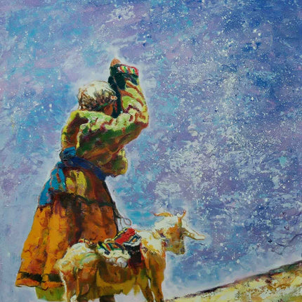 "Pastoral Serenity - Handmade Abstract Oil Painting of Shepherd & Goats - Vibrant Bohemian Wall Art for Home Decor"