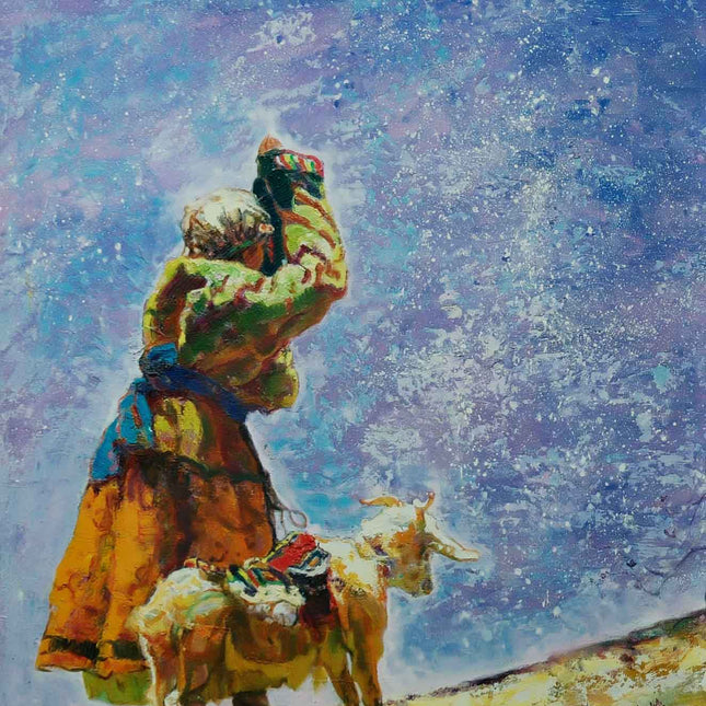 "Pastoral Serenity - Handmade Abstract Oil Painting of Shepherd & Goats - Vibrant Bohemian Wall Art for Home Decor"