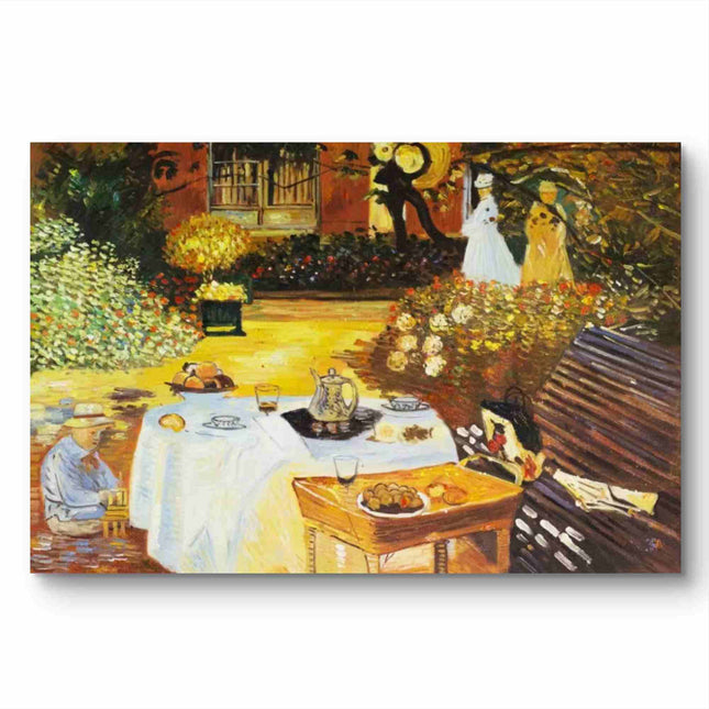 "Claude Monet Style Garden Tea Party Oil Painting - Impressionist Floral Scene Reproduction"