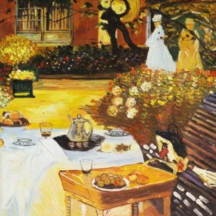 "Claude Monet Style Garden Tea Party Oil Painting - Impressionist Floral Scene Reproduction"