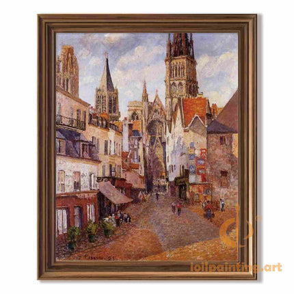 "Camille Pissarro's 'Vibrant Village Square with Gothic Church' - Hand-Painted Oil Painting Reproduction"