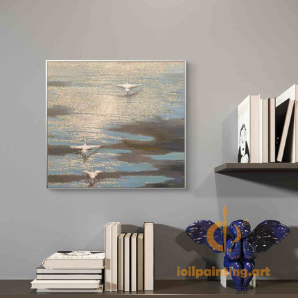 "Graceful Swans at Golden Hour - Premium Hand-Painted Oil Reproduction on Canvas"