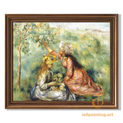 "Pierre-Auguste Renoir 'Young Girls Picking Flowers' – Hand-Painted Impressionist Oil Painting Reproduction"