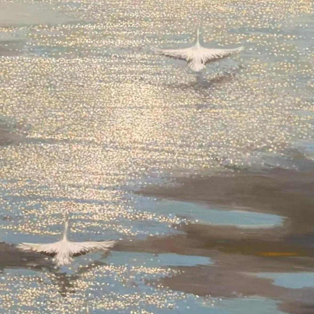 "Graceful Swans at Golden Hour - Premium Hand-Painted Oil Reproduction on Canvas"