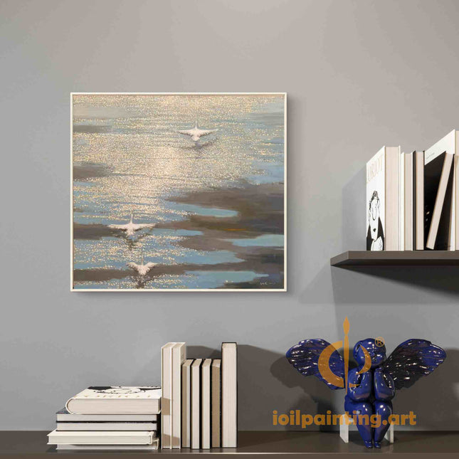 "Graceful Swans at Golden Hour - Premium Hand-Painted Oil Reproduction on Canvas"