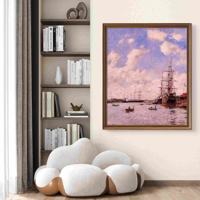 "Eugène Boudin's 'Harbor Serenity with Tall Ships' - Hand-Painted Oil Painting Reproduction"