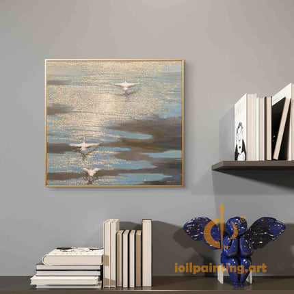 "Graceful Swans at Golden Hour - Premium Hand-Painted Oil Reproduction on Canvas"