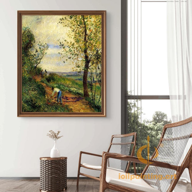 "Camille Pissarro's 'Peasant Working in Sunlit Path' - Hand-Painted Impressionist Oil Painting Reproduction"