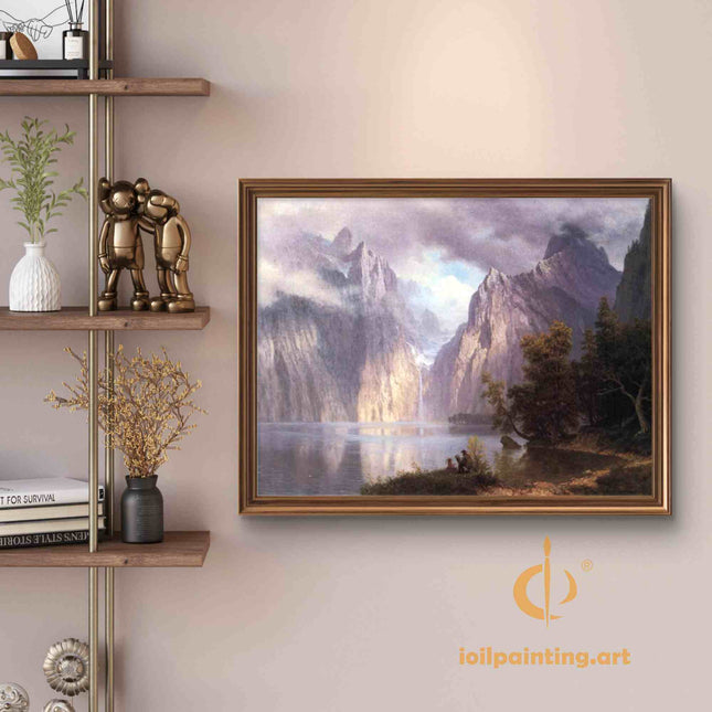 "Albert Bierstadt's 'Mountain Majesty' - Hand-Painted Landscape Oil Painting Reproduction"