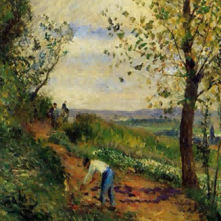 "Camille Pissarro's 'Peasant Working in Sunlit Path' - Hand-Painted Impressionist Oil Painting Reproduction"