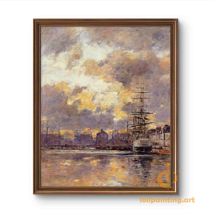 "Eugène Boudin's 'Golden Hour Harbor Scene' - Hand-Painted Oil Painting Reproduction"