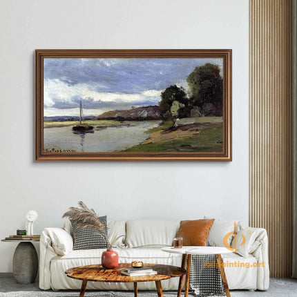 "Camille Pissarro's 'Tranquil Riverside Landscape' - Hand-Painted Impressionist Oil Painting Reproduction"