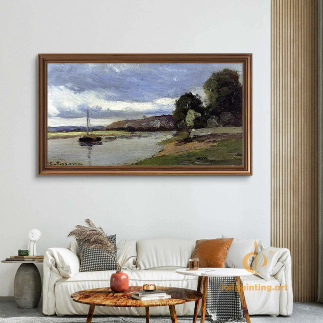 "Camille Pissarro's 'Tranquil Riverside Landscape' - Hand-Painted Impressionist Oil Painting Reproduction"