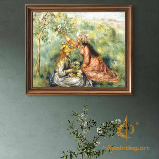 "Pierre-Auguste Renoir 'Young Girls Picking Flowers' – Hand-Painted Impressionist Oil Painting Reproduction"