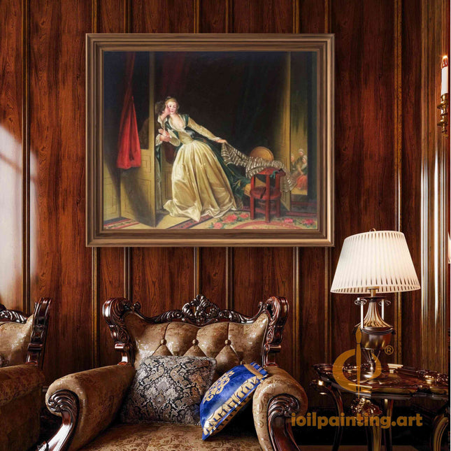 "Jean-Honoré Fragonard 'The Stolen Kiss' - Exquisite Rococo Oil Painting Reproduction | Romantic French Art"
