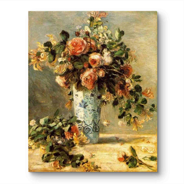 "Pierre-Auguste Renoir 'Floral Still Life with Blue Vase' - Authentic Impressionist Oil Painting Reproduction | Renoir Flowers Art"