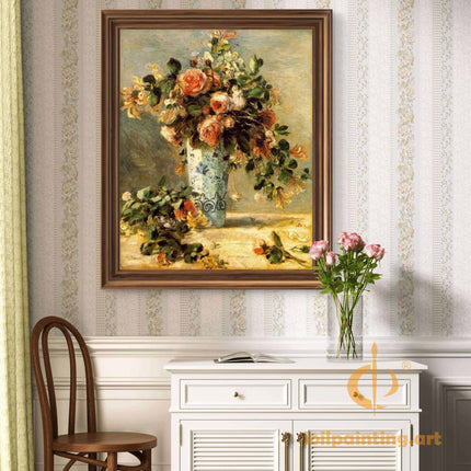 "Pierre-Auguste Renoir 'Floral Still Life with Blue Vase' - Authentic Impressionist Oil Painting Reproduction | Renoir Flowers Art"