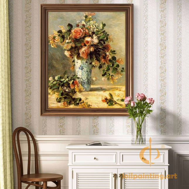 "Pierre-Auguste Renoir 'Floral Still Life with Blue Vase' - Authentic Impressionist Oil Painting Reproduction | Renoir Flowers Art"