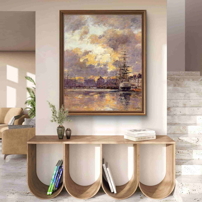 "Eugène Boudin's 'Golden Hour Harbor Scene' - Hand-Painted Oil Painting Reproduction"