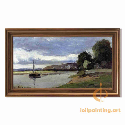 "Camille Pissarro's 'Tranquil Riverside Landscape' - Hand-Painted Impressionist Oil Painting Reproduction"