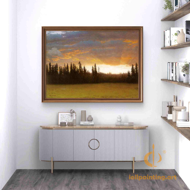 "Albert Bierstadt's 'Sunset Over Pine Forest' - Hand-Painted Landscape Oil Painting Reproduction"