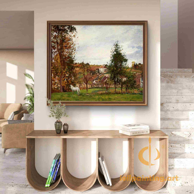 "Camille Pissarro's 'White Horse in Autumn Landscape' - Hand-Painted Impressionist Oil Painting Reproduction"