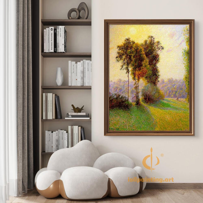 "Camille Pissarro's 'Lush Autumn Trees by Country Path' - Hand-Painted Oil Painting Reproduction"