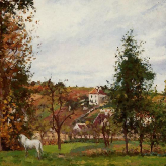 "Camille Pissarro's 'White Horse in Autumn Landscape' - Hand-Painted Impressionist Oil Painting Reproduction"