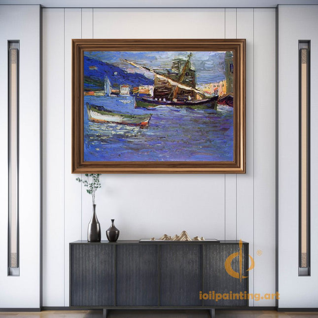 "Serene Harbor at Dusk - Premium Hand-Painted Oil Reproduction on Canvas"