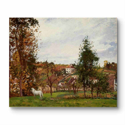 "Camille Pissarro's 'White Horse in Autumn Landscape' - Hand-Painted Impressionist Oil Painting Reproduction"