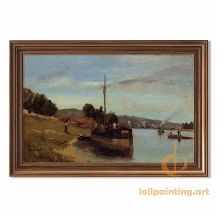 "Camille Pissarro's 'Riverside Sailboat' - Hand-Painted Impressionist Oil Painting Reproduction"