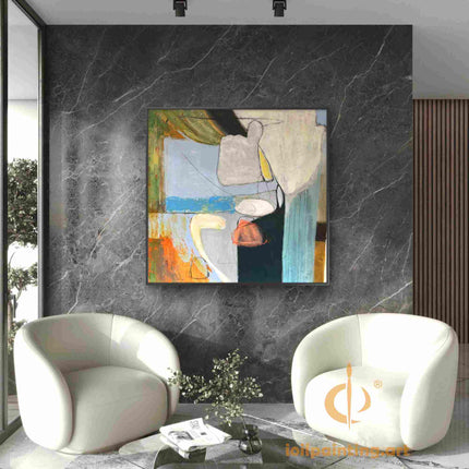 "Modern Abstract Oil Painting Reproduction - Serene Contemporary Art in Neutral Tones with Vibrant Accents"