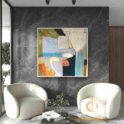 "Modern Abstract Oil Painting Reproduction - Serene Contemporary Art in Neutral Tones with Vibrant Accents"