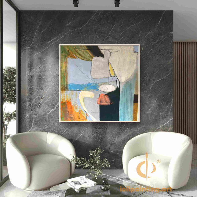 "Modern Abstract Oil Painting Reproduction - Serene Contemporary Art in Neutral Tones with Vibrant Accents"