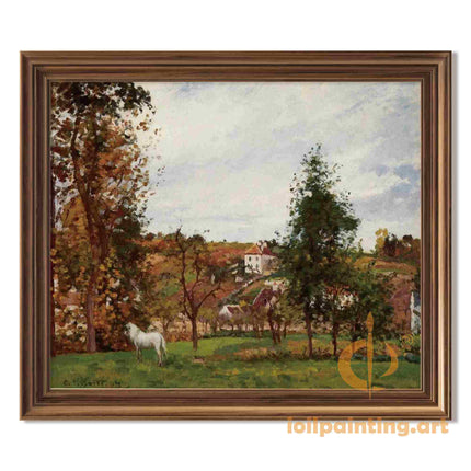 "Camille Pissarro's 'White Horse in Autumn Landscape' - Hand-Painted Impressionist Oil Painting Reproduction"