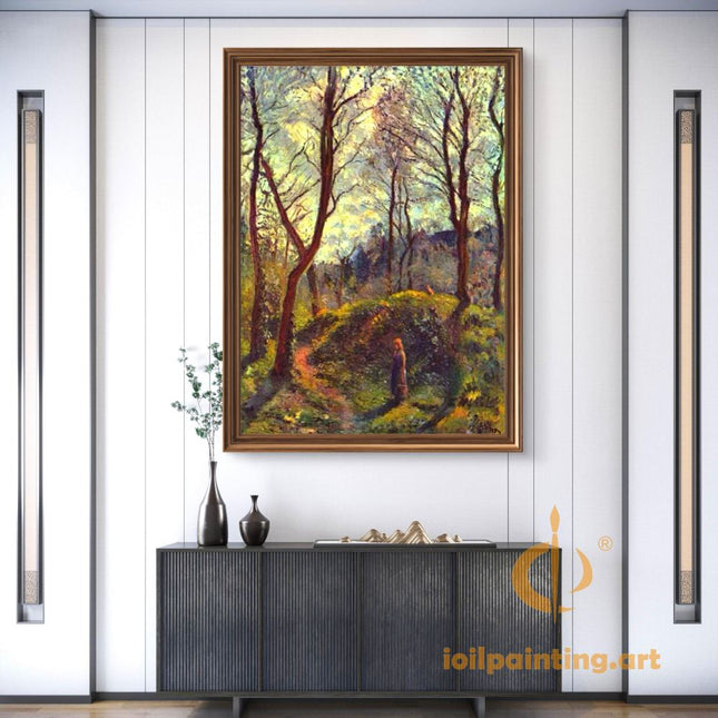 "Camille Pissarro's 'Solitary Figure in Sunlit Forest' - Hand-Painted Impressionist Oil Painting Reproduction"