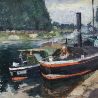 "Camille Pissarro's 'Boats at Riverside' - Hand-Painted Impressionist Oil Painting Reproduction"