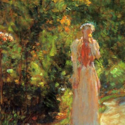 "Childe Hassam's 'Elegant Lady in Floral Garden' - Hand-Painted Classical Oil Painting Reproduction"