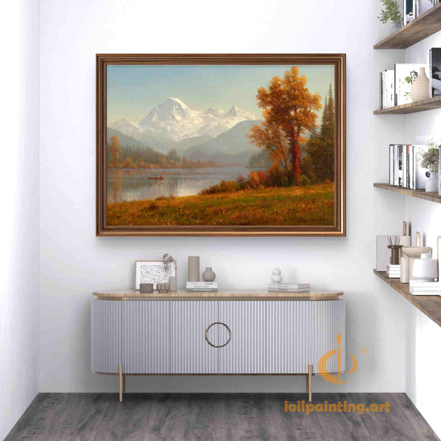 "Albert Bierstadt's 'Autumn Lakeside Serenity' - Hand-Painted Landscape Oil Painting Reproduction"