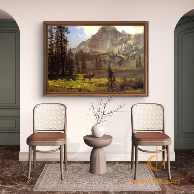 "Albert Bierstadt's 'Majestic Elk in Wilderness' - Hand-Painted Landscape Oil Painting Reproduction"
